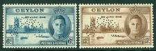 SG 400/401 Ceylon 1946 Victory set of 2 'perf' specimen (horseshoe). Fine...