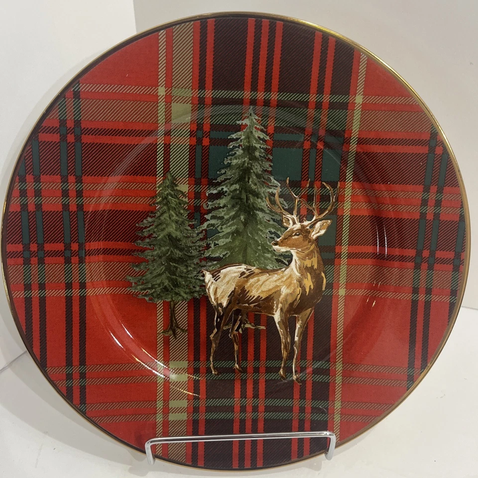 4 Pottery Barn Aspen Plaid Salad Plates Cardinal,Fox,Doe, Stag, Red Gold Forest - Image 4 of 4