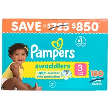 Pampers Swaddlers Unisex Leakproof Diapers, Size 3 (16-28lbs.), 180 Count