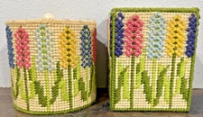 Groovy Vtg Plastic Canvas Needlepoint Hyacinth Flower Tissue Box & TP Cover Set