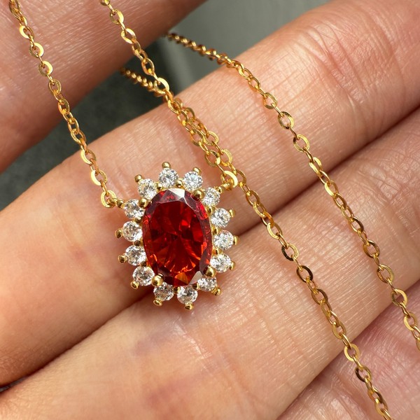 Alternate view of 925 Sterling Silver Necklace 7x5mm Natural Garnet 14k Gold Plated Chain