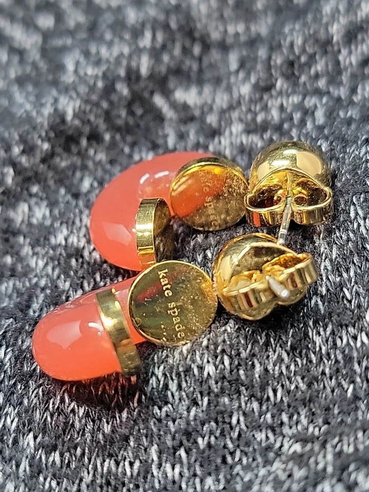 Kate Spade Seeing Stripes Pink Coral Hoop Drop Earrings Signed Stunning - Image 4 of 4