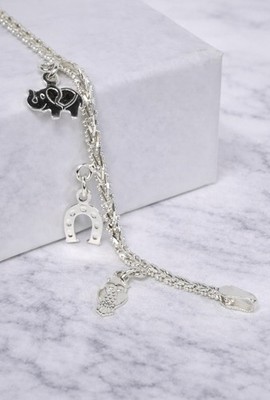 925 Sterling Silber Glücksbringer Armband Elefant Hufeisen 7 Charms - 18,5 cm