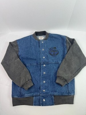 Vintage Fuzzy Stonewash Denim Varsity Jacket, Haida Art Embroidery, Size Mens S