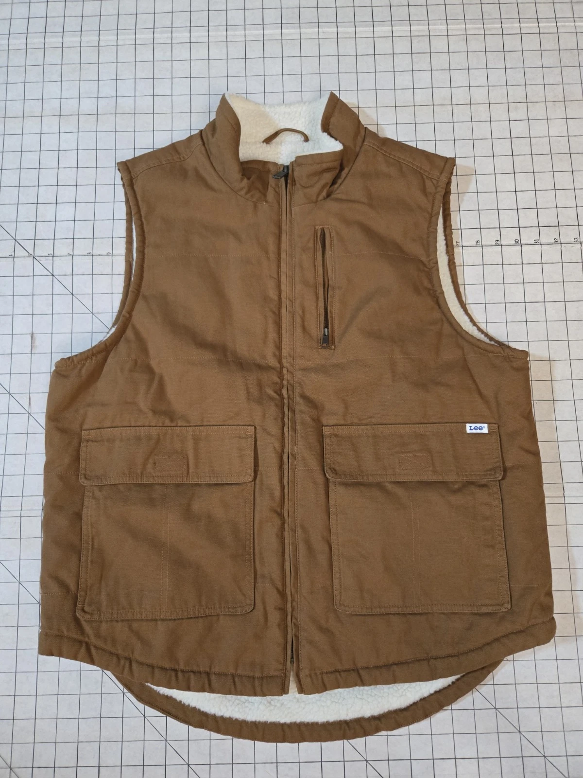 Lee Workwear Vest Men's Medium Brown Duck Canvas Faux Sherpa Lining Hunt Fishing