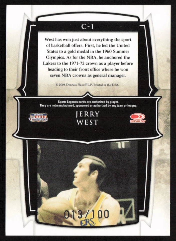 2008 Donruss Sports Legends Champions Gold #/100 Jerry West #C-1 West Virginia - Image 2 of 2