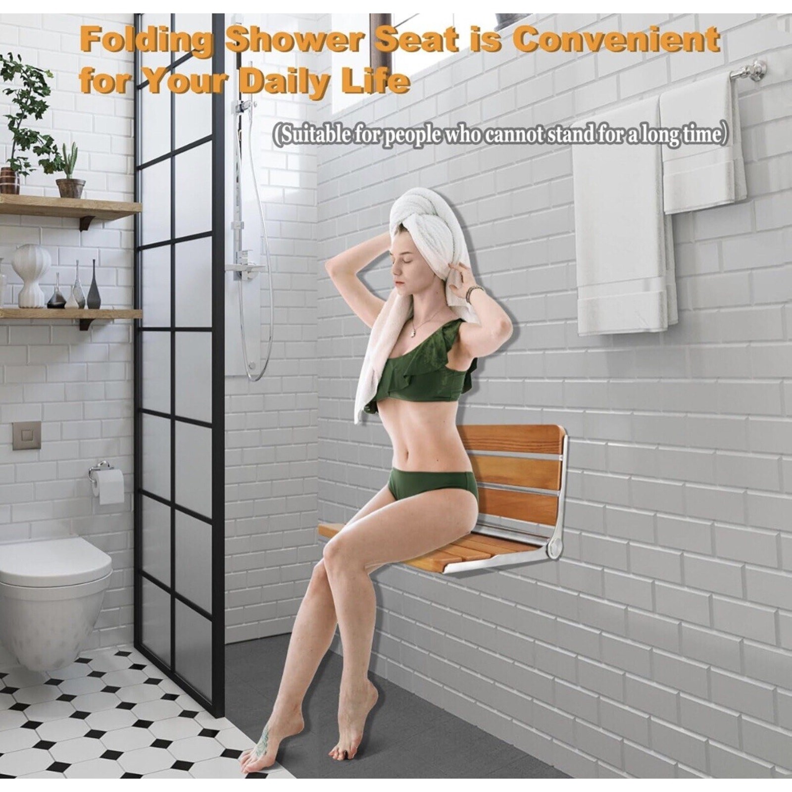 Folding Teak Shower Seat Wall Mounted,Fold down Shower Seat,Foldable Shower READ
