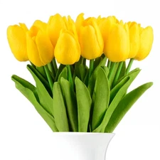 20 Pack Artificial Tulips Yellow, Real Touch PU Flower Bouquet Wedding Decor