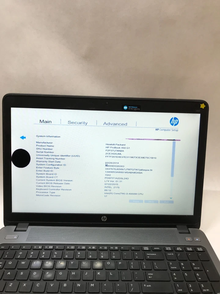 HP ProBook 450 G1 15" Intel Core i3 4GB RAM NO HDD For Parts BIOS LOCK AS IS -DW - Image 3 of 4