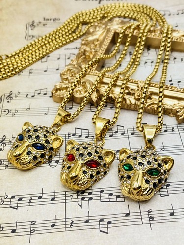 Collier pendentif panthère léopard plaqué or 18 carats chaîne hip hop - Photo 1 sur 14