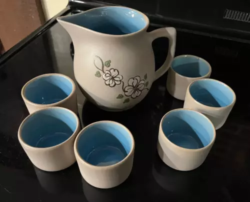 Pigeon Forge Pottery Pitcher Dogwood Flowers Blue Interior w/ 6 Cups