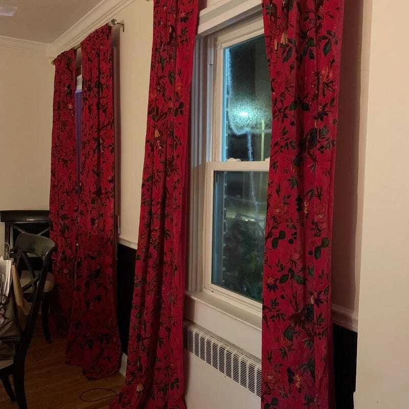 2 pcs Set Boho Vintage Style Cotton Velvet Pink Bird Print luxury Curtain - Image 2 of 4