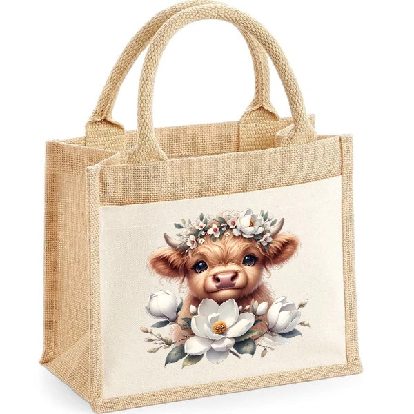 VIO'S Personalised XL Jute Tote Bag Cute Highland Cow with Flowers Add your name/text