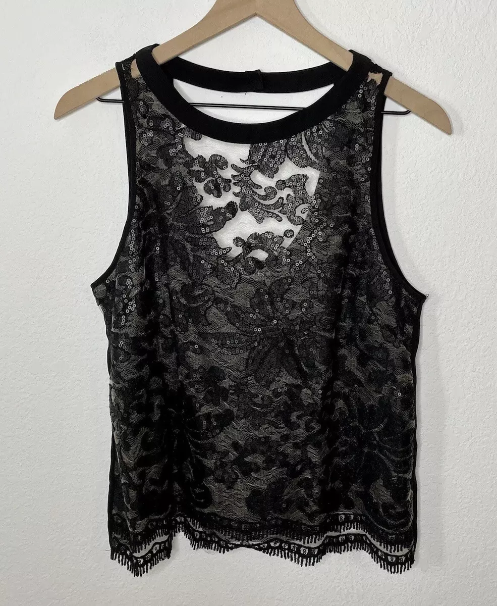 ASTR the Label Black Lace Sequin Front Tank Top with Cutout back