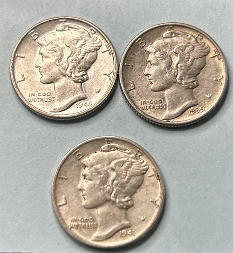 Mercury Dime Lot. Nice 3 Coins Set- AU- UNC Full Bands- 90% US Silver Coins-zm