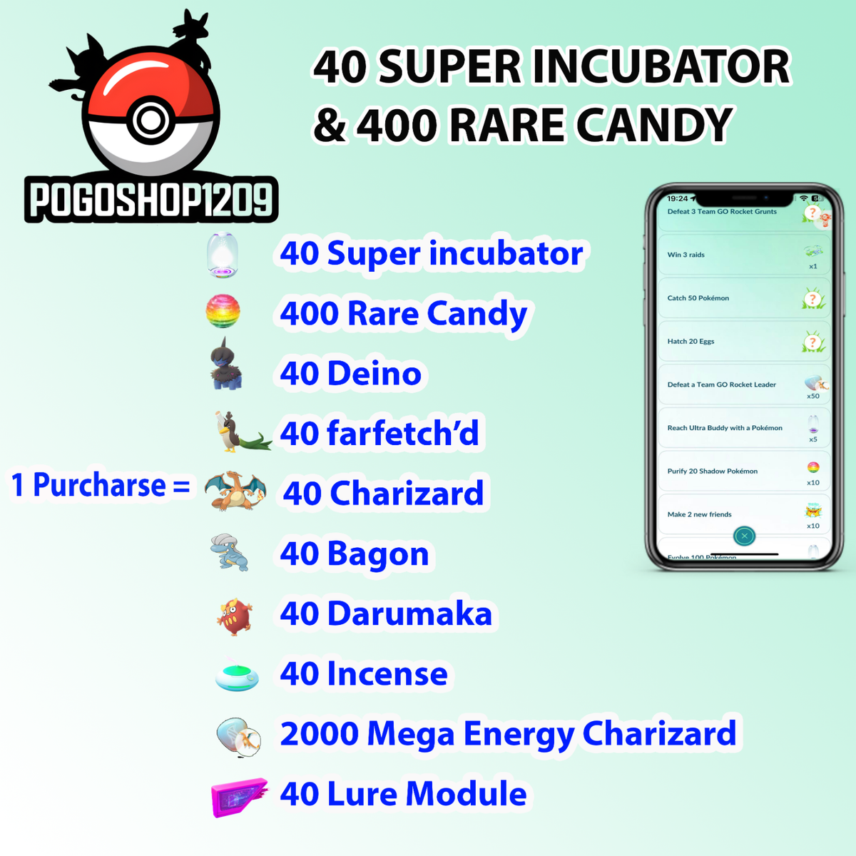 40 SUPER INCUBATOR+ 400 RARE CANDY- Friend Finder Medal- FAST - Main Image