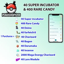 40 SUPER INCUBATOR+ 400 RARE CANDY- Friend Finder Medal- FAST-CHEAP