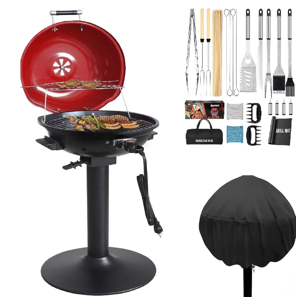 High Power 1600W Electric Smokeless BBQ Grill Indoor Outdoor W Cover and BBQ SET