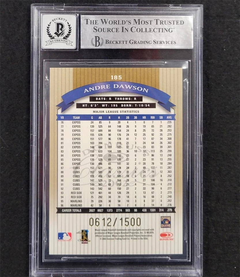 Andre Dawson signed 2002 Donruss Classics #185 card Beckett BGS BAS 10 auto - Image 2 of 2
