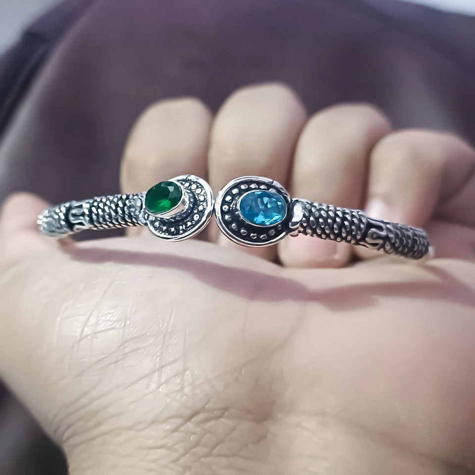 Brazalete brazalete de plata de ley 925 con topacio azul y piedras preciosas de diopsido joyería antigua Foto 3 de 4
