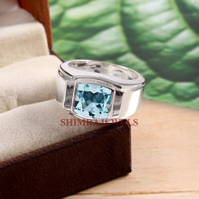 Natural Blue Topaz Gemstone With 14K White Gold Plated Silver Men's Ring #1228