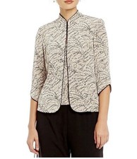 Alex Evenings 2 Pc Set Printed Mandarin 3/4 Sleeve Glitter JACKET Beige White, L