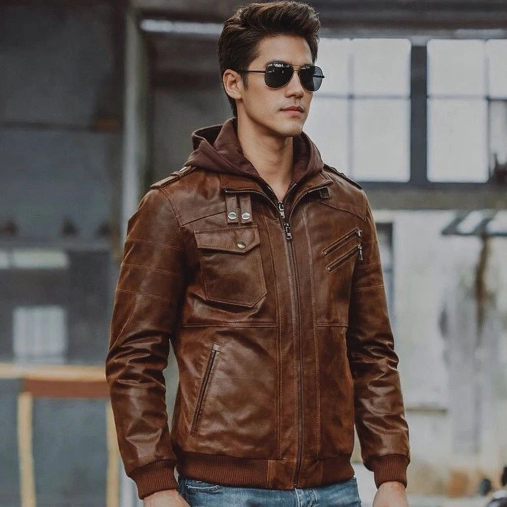 Mens Biker Motorcycle Vintage Cafe Racer Distressed Brown Real Leather Jacket