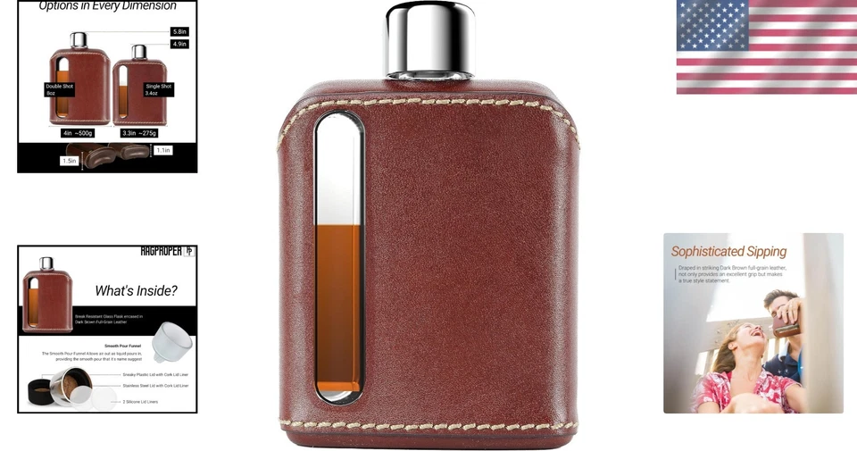 Frasco de cadera de vidrio en caja de coleccionista - varias tapas incluidas Foto 2 de 4