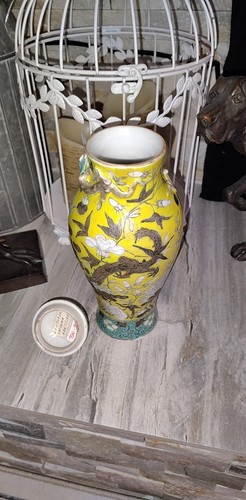 19th Chinese yellow ground enamel famille rose gilt Dragon Small vase Urn Style - Picture 17 of 24