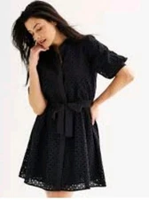 Nine West Fit N Flare Eyelet Dress Black XL Belted Button Up  Gothic