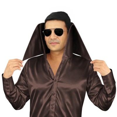 Men Choco Brown Silk Satin Shirt Dramatic High Face Cover Collar Theatre Costume