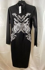 Bebe Women's Black Mock Neck Embroidered Midi Dress Silver Embroidery Sz M NWT