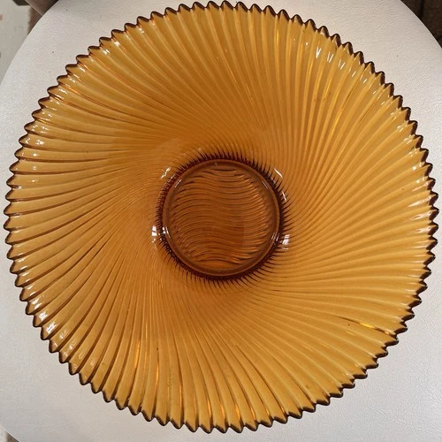 Vtg MCM Large Honey Amber Console Fruit Bowl Art Glass Swirl Ribbed 11.5” France