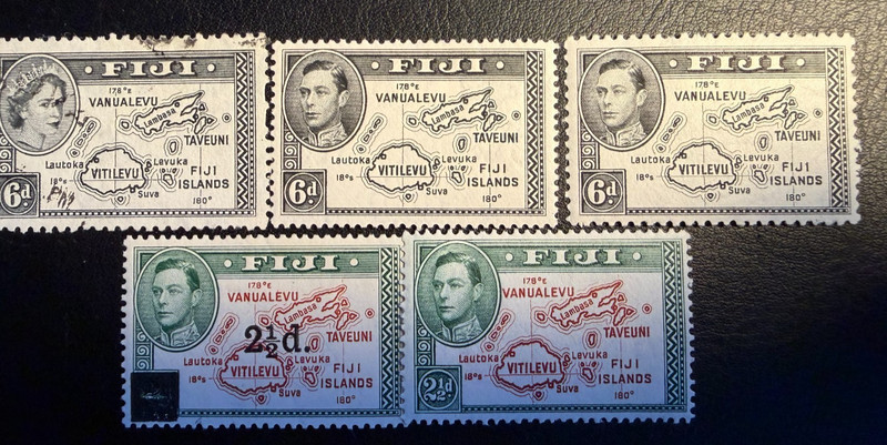 Fiji 1938 George VI Map 6d & 1940 2.5d on 2d Surcharge Stamp Selection 5pcs MLH