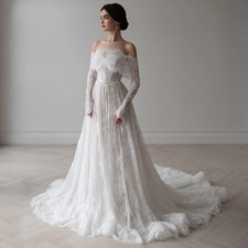Lace Wedding Dress Customized Off The Shoulder Long Sleeves Pearls A Line Corset