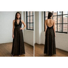 VTG Morgan & Co 90s Y2K Black Lace Halter Gown Satin Lined XS/S Glam Goth Prom