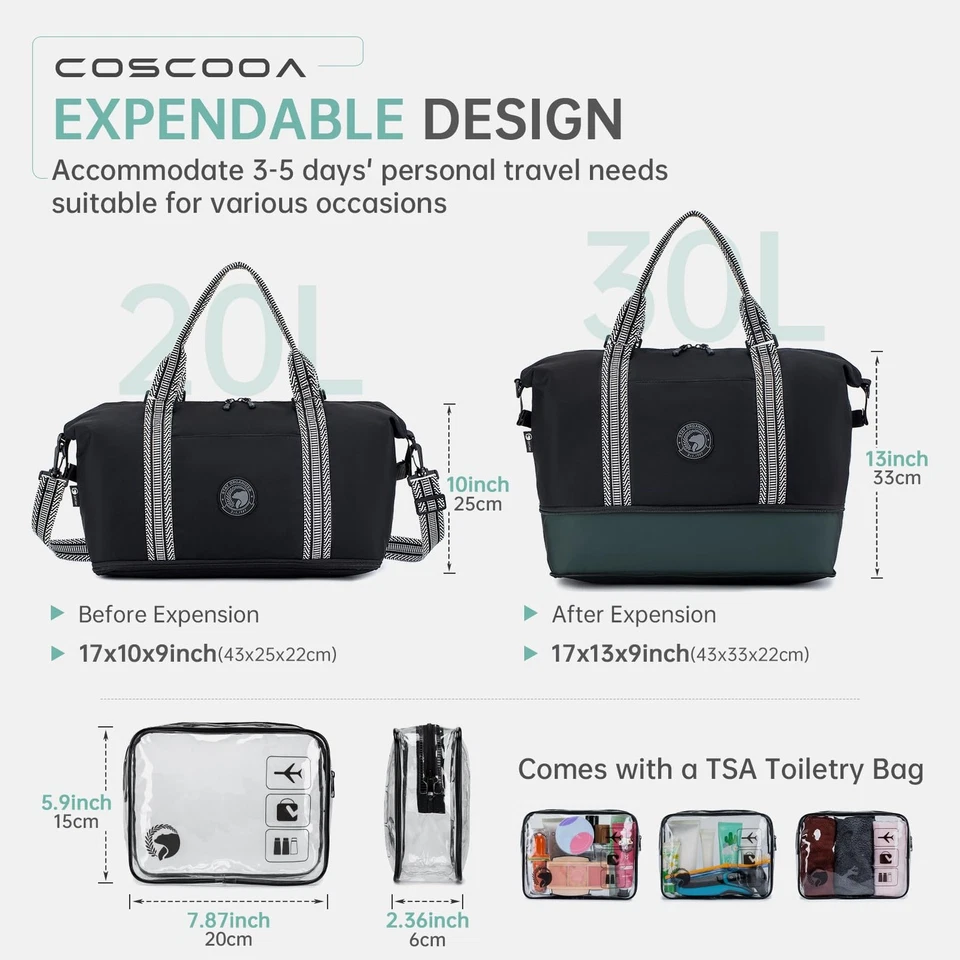 Bolsa de artículos personales 9x10x17, bolsa de mano expandible 20-30L fin de semana para pasar la noche, uni... Foto 4 de 4