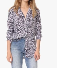 Equipment Femme Essential Long-Sleeve Leopard-Print Silk Blouse Size Small Blue