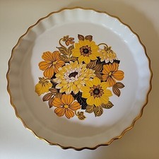 Piatto da forno vintage anni 70 Ashley ceramica giallo floreale flan quiche torta retrò