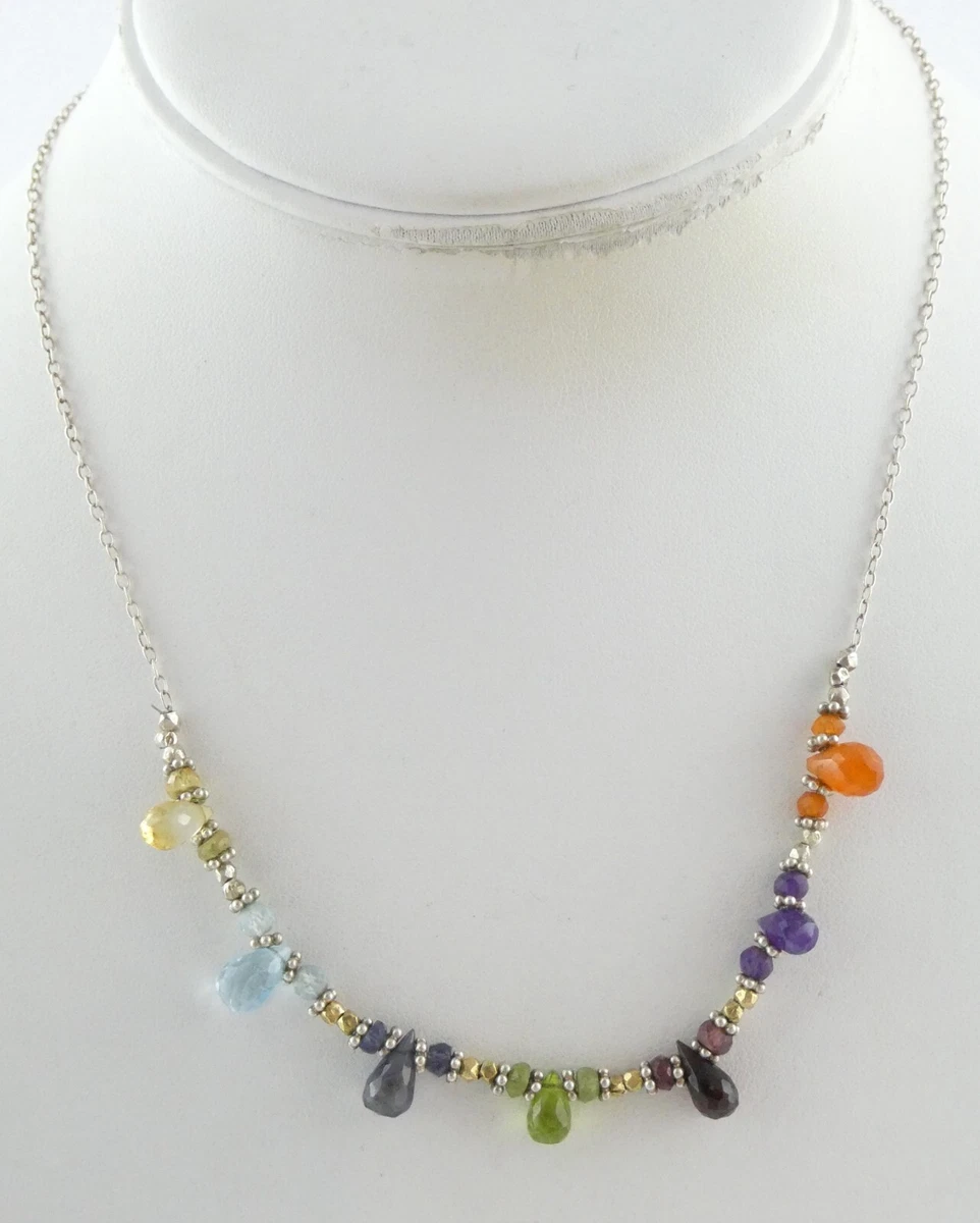 Sterling Silver Rainbow of Briolette Gemstones Necklace 925 18 Inch Length 7.8g