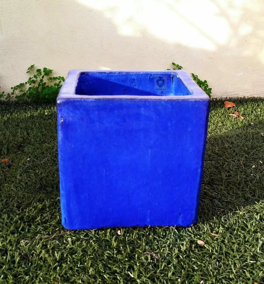 Vaso quadrato fioriera blu cobalto in ceramica da esterno o interno cubo 30 cm - Immagine 3 di 3