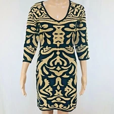 Stilletto’s women’s Knit Dress sz L.  Tan w/ Black anstract Skeleton Polyester