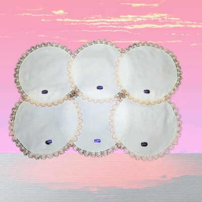 BENDEE 50s 60s Set Of 6 Hand Embroidered LINEN Doily Round Pink Crochet 10.5''