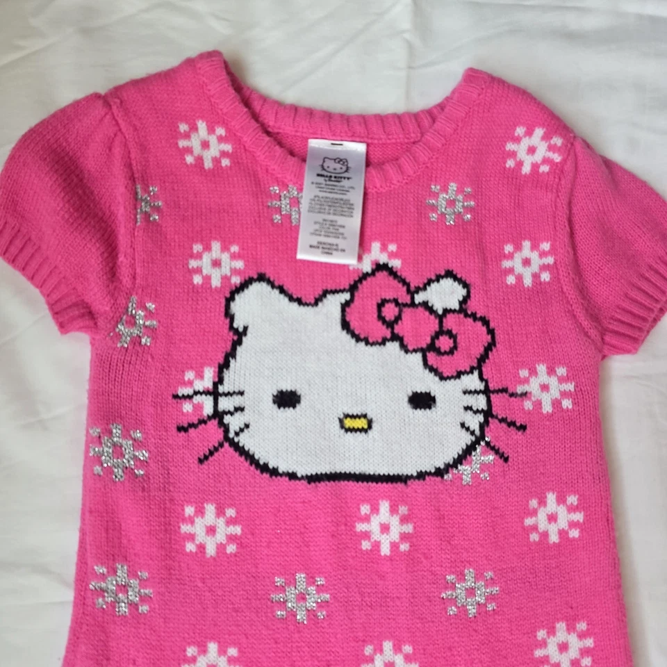 Vestido Hello Kitty Niñas XS 4-5 Rosa Blanco Suéter Vestido Informal Chica Kawaii Foto 2 de 4