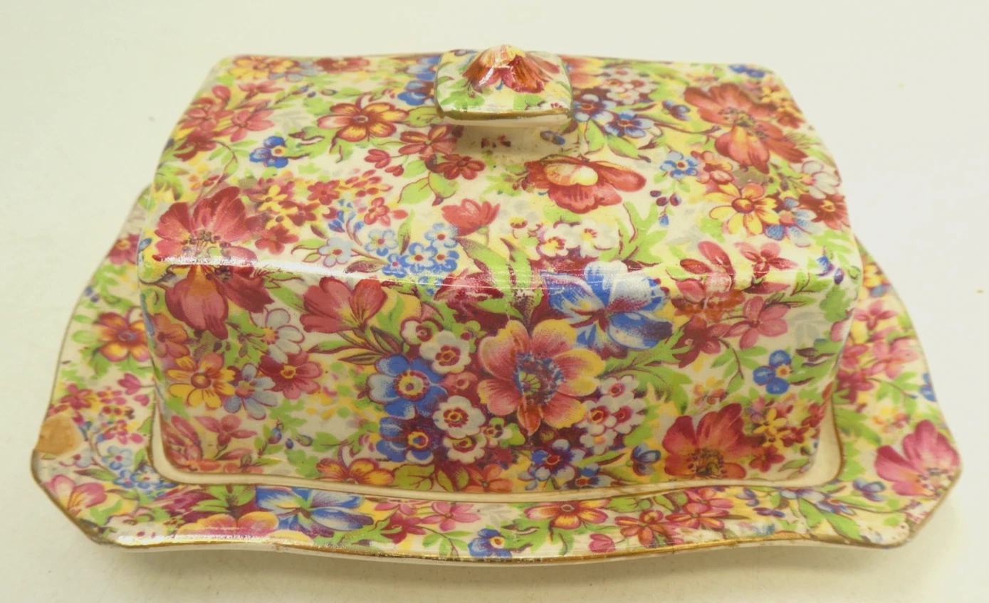 ROYAL WINTON GRIMWADES ART DECO ALL OVER FLORAL SUNSHINE BUTTER CHEESE DISH