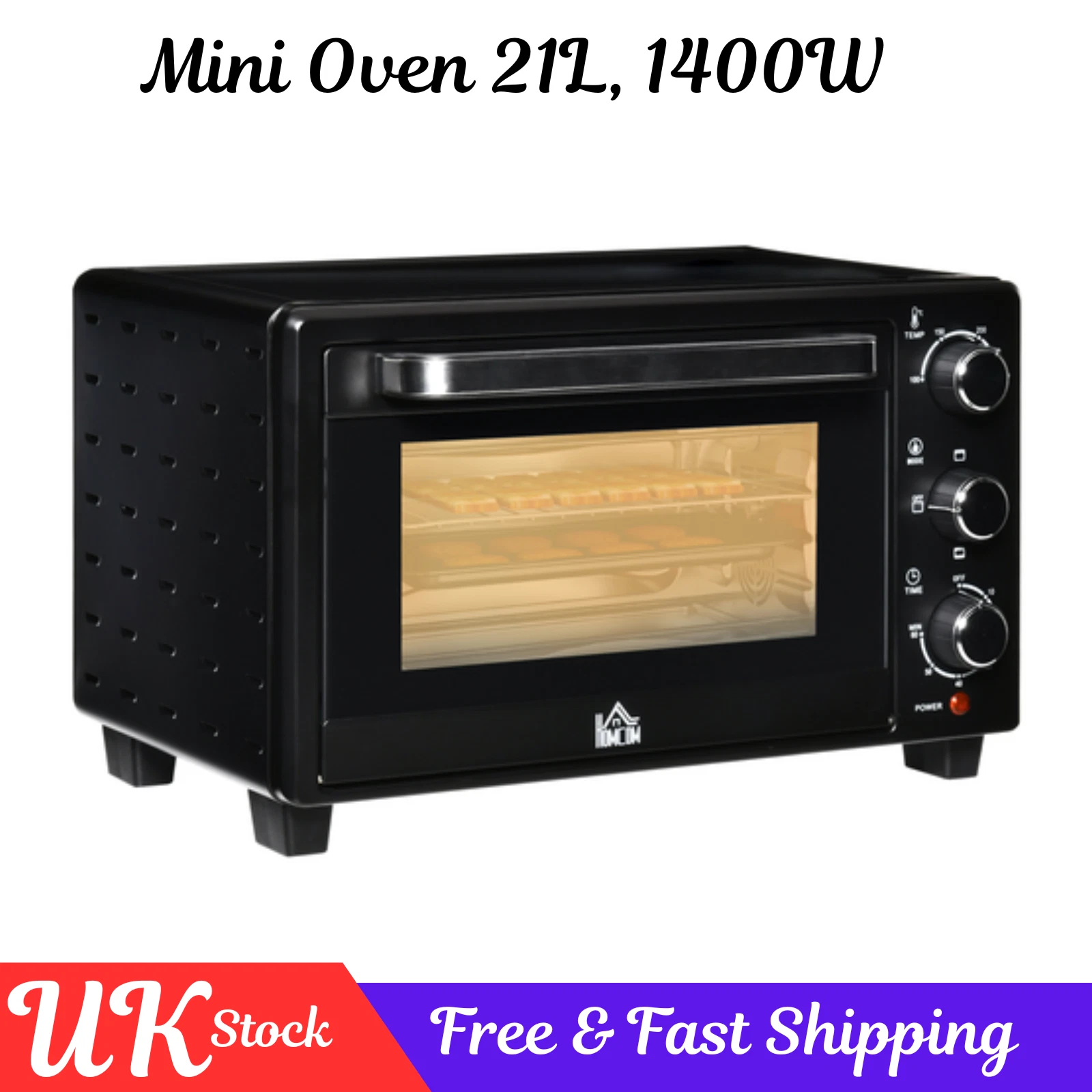 21L Mini Oven 1400W Electric Grill Toaster with Timer Baking Tray & Wire Rack-UK