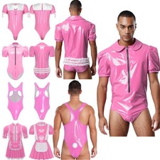 Men's Shiny Leather Slim Fit Jumpsuit Zipper Lace Ruffled Decoration Clubwear