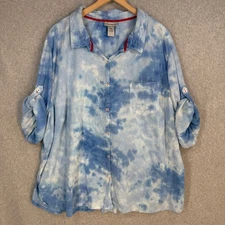 Catherines Women's Blouse Blue Tie Dye Button Up Top 3X Cotton Roll Tab Sleeve