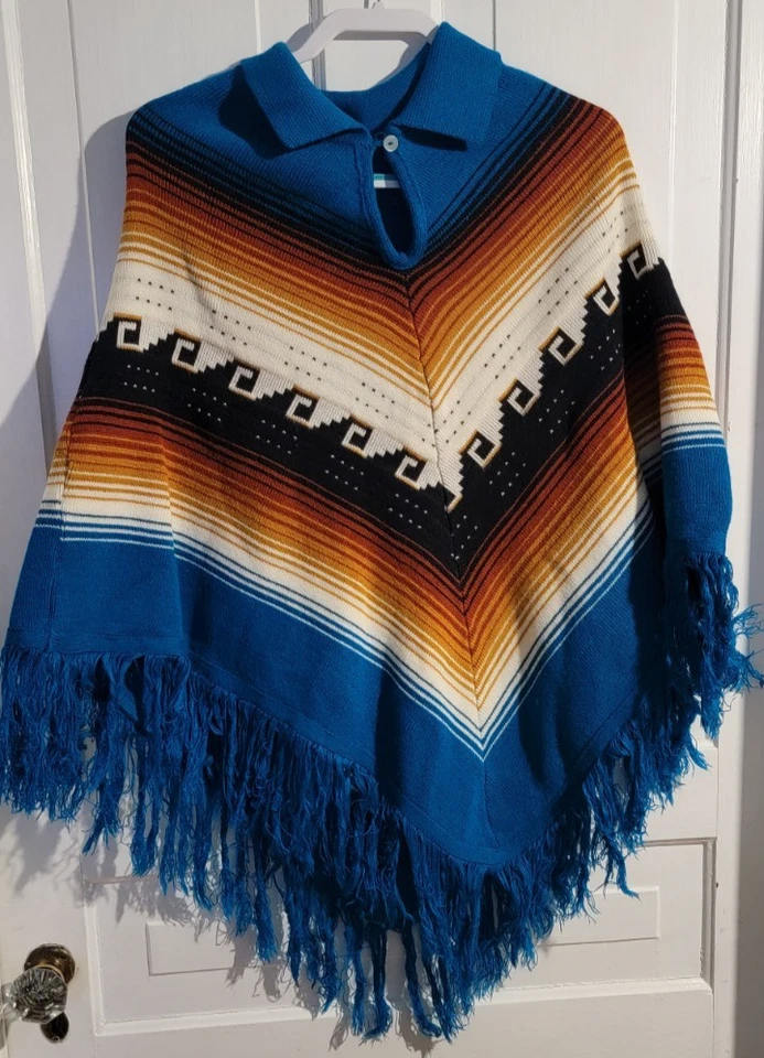 Poncho Groovy Vintage Años 70 Tejido Suroeste Tribal Flecos Boho Hippie Azul Foto 2 de 4