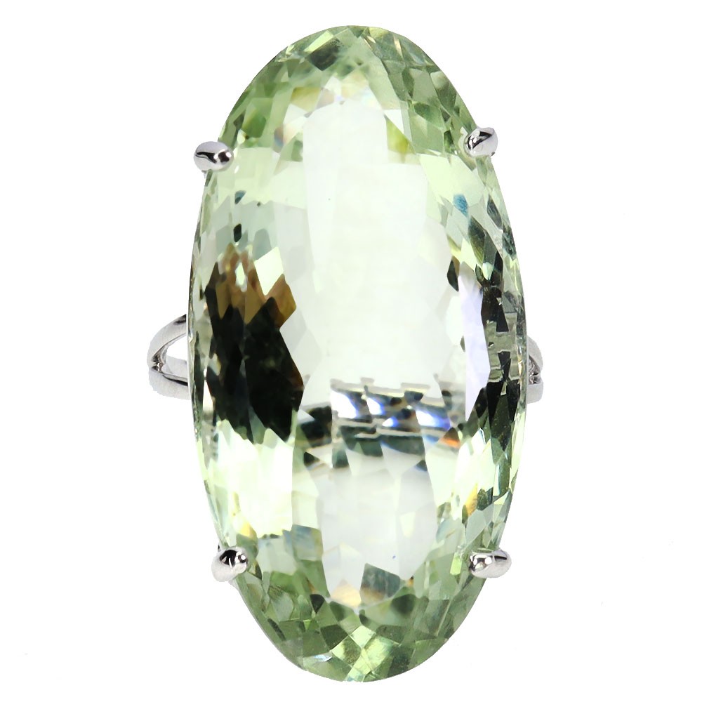 925 Sterling Silver Ring Oval Green Amethyst 26 Ct 31x16mm Handmade Gem Size 8.5